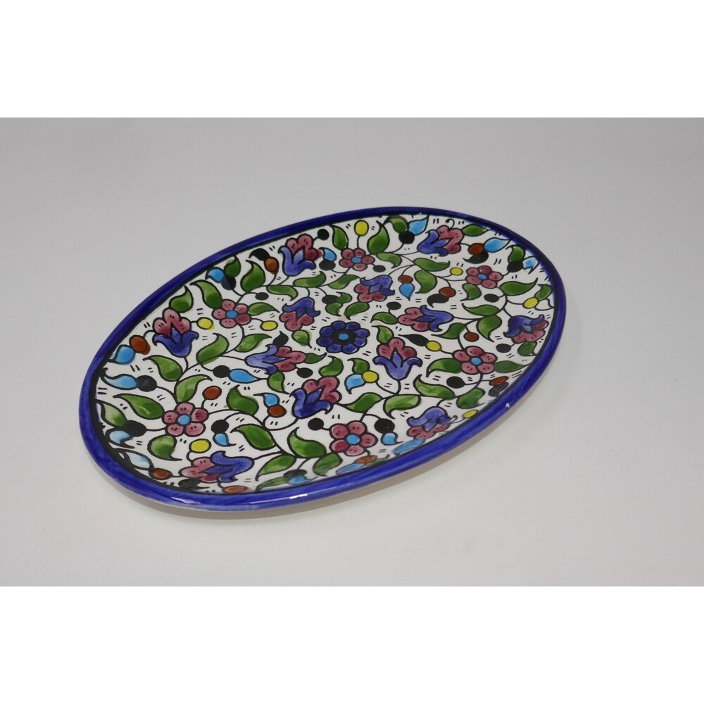 Armenian Pottery Hand Painted Floral Flowers Oval Dish Plate Made in Jerusalem - Picture 4 of 16